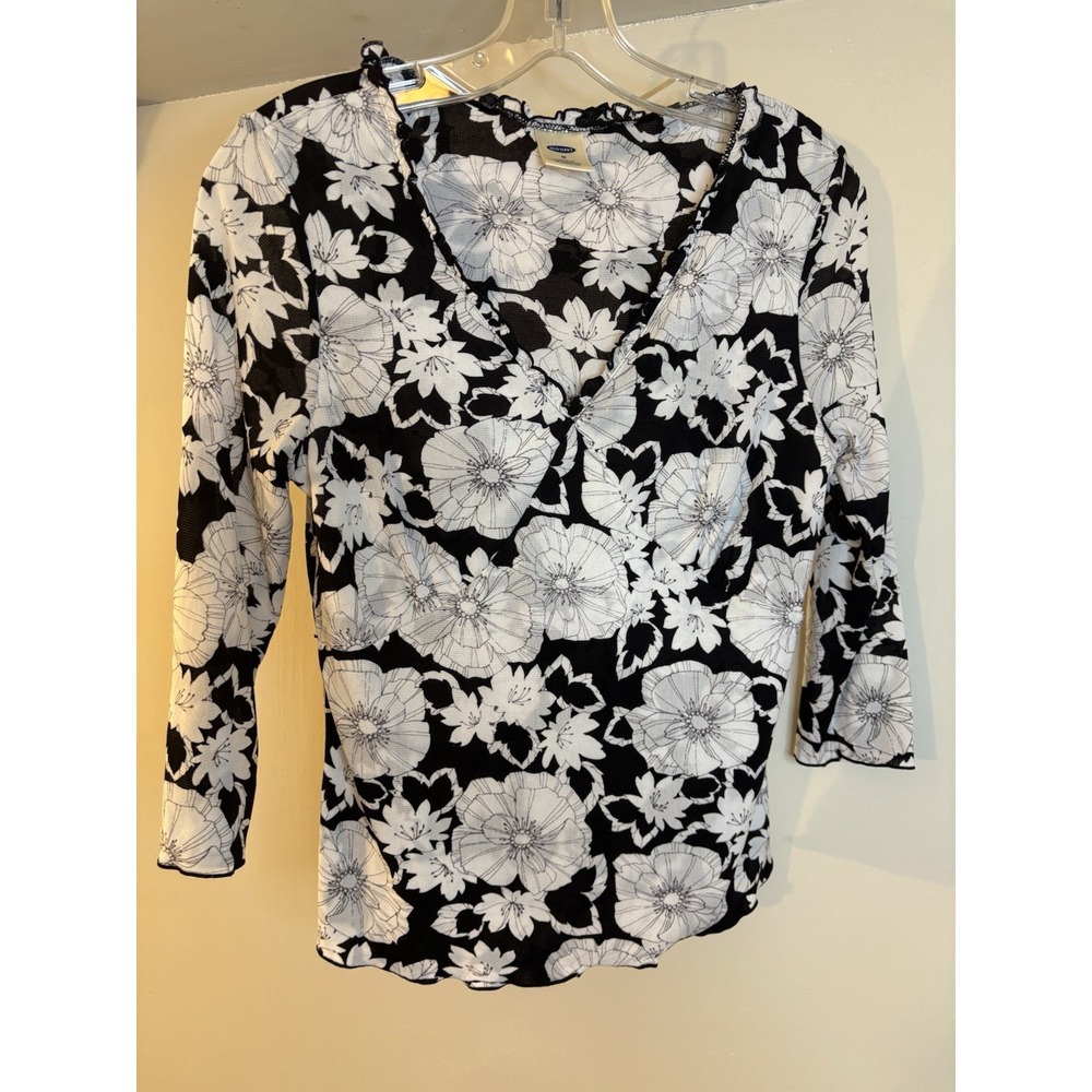 VTG OLD NAVY Black & White Floral Stretchy Nylon Top M Lettuceโ Edge Y2K V Neck